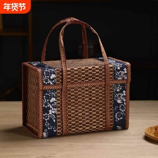 竹篮子手提篮粽子香肠腊肉月饼螃蟹鸡蛋水果特产折叠竹编礼盒包装