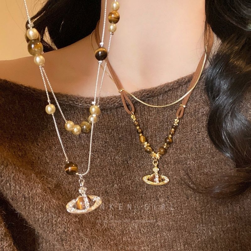 无限搭配 虎眼石珍珠项链女潮秋冬2025新款毛衣链美拉德叠戴配饰