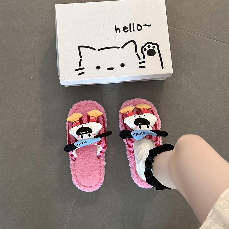 时尚动漫卡通史迪仔条纹一字毛毛拖鞋2025秋冬新款外穿防滑棉拖鞋