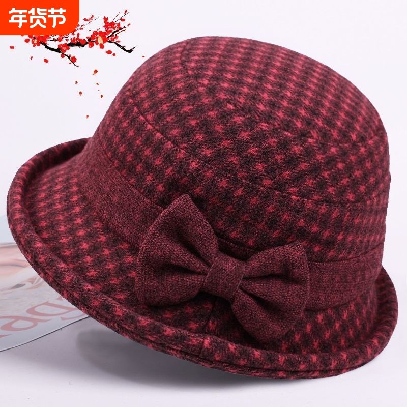 中老年新款秋冬帽女妈妈洋气毛呢礼帽渔夫帽奶奶加厚保暖盆帽春秋