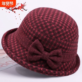 中老年新款秋冬帽女妈妈洋气毛呢礼帽渔夫帽奶奶加厚保暖盆帽春秋