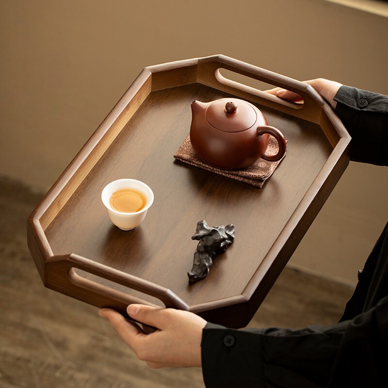 复古八边形手提竹木茶盘图片