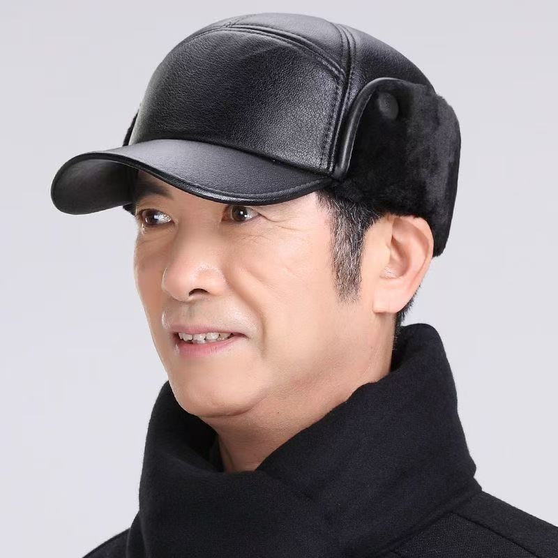 男士加厚老人鸭舌帽子冬天老头皮帽冬季保暖中老年人防寒加绒黑色