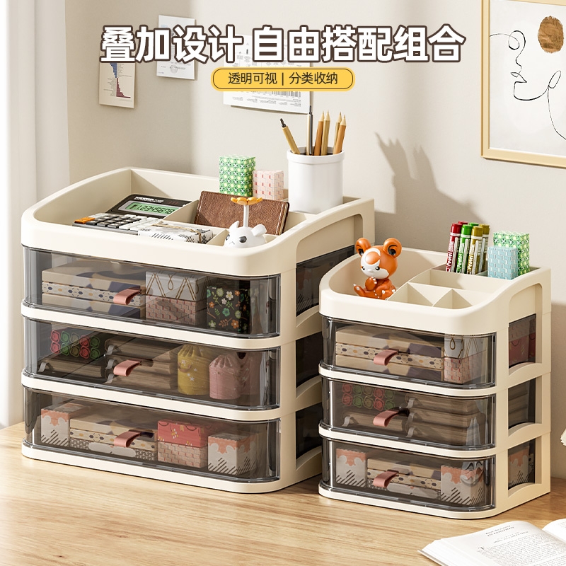 抽屉式桌面收纳盒奶油风办公室多层整理文具置物架化妆品储物柜