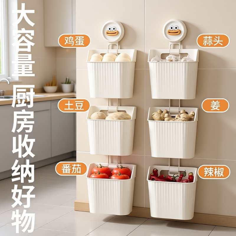 吸盘葱姜蒜收纳盒壁挂厨房置物架生姜大蒜收纳神器收纳挂篮鸡蛋