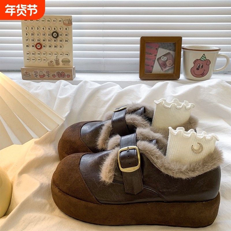 复古松糕厚底毛毛乐福鞋女2025秋冬季新款加绒雪地靴拼接勃肯棉鞋,女鞋,棉鞋,淘宝优惠券,粉丝福利购,淘宝优惠卷