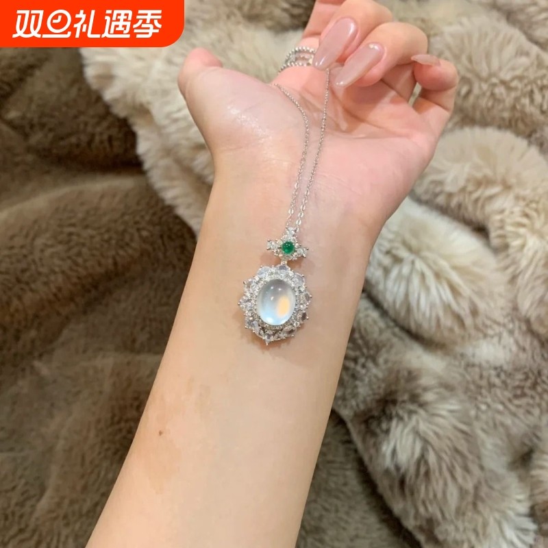 新中式满钻冰透魔镜小吊坠项链女小众气质颈链高颜值奢华锁骨链