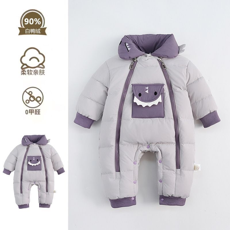 冬季婴儿羽绒连体衣卡通可爱儿保暖加厚外出服满月宝宝羽绒服