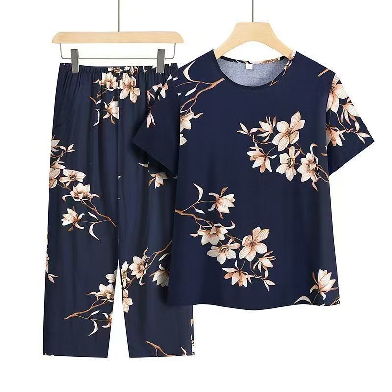 棉绸睡衣女夏长袖中老年妈妈绵B绸G套装夏季人造棉老人家居服两