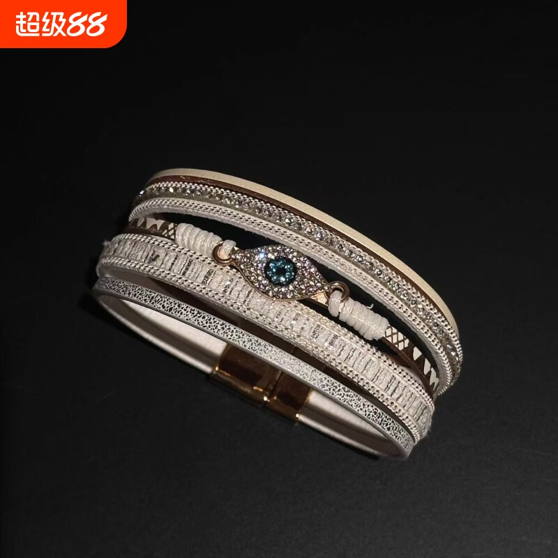 中古风恶魔之眼镶钻皮革手环复古高级感时尚手链手镯波西米亚配饰