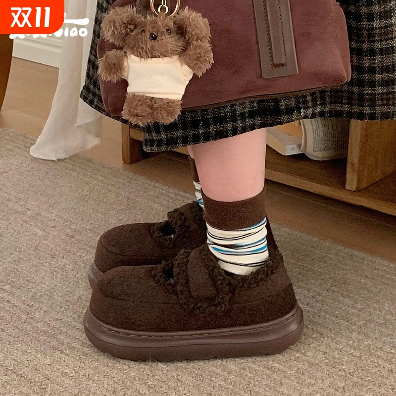 细细条复古魔术贴玛丽珍棉鞋