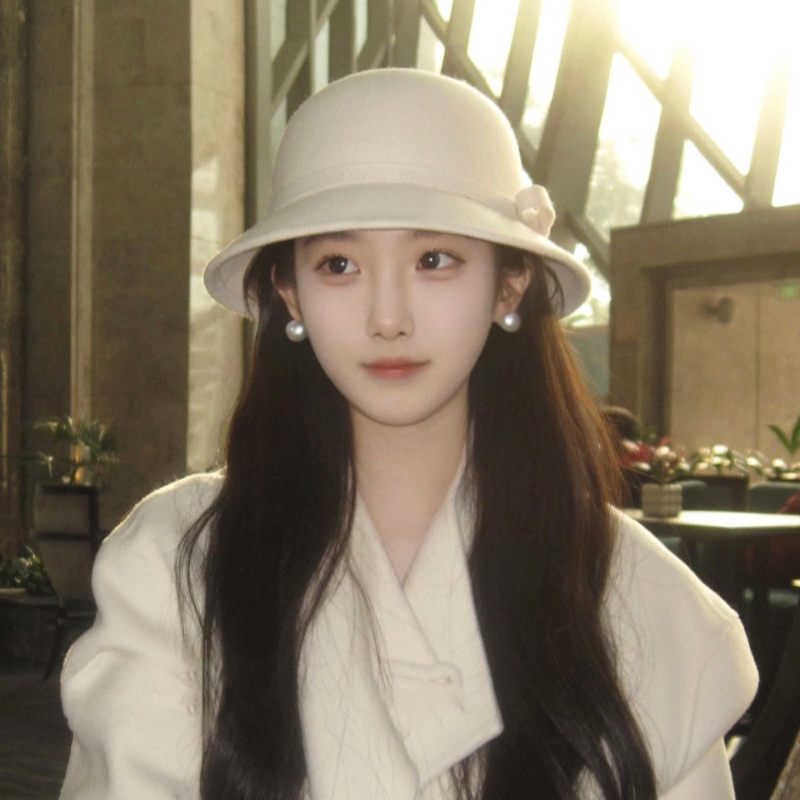帽子2025新款留洋千金法式赫本风白色礼帽女秋冬渔夫帽毛呢泡泡
