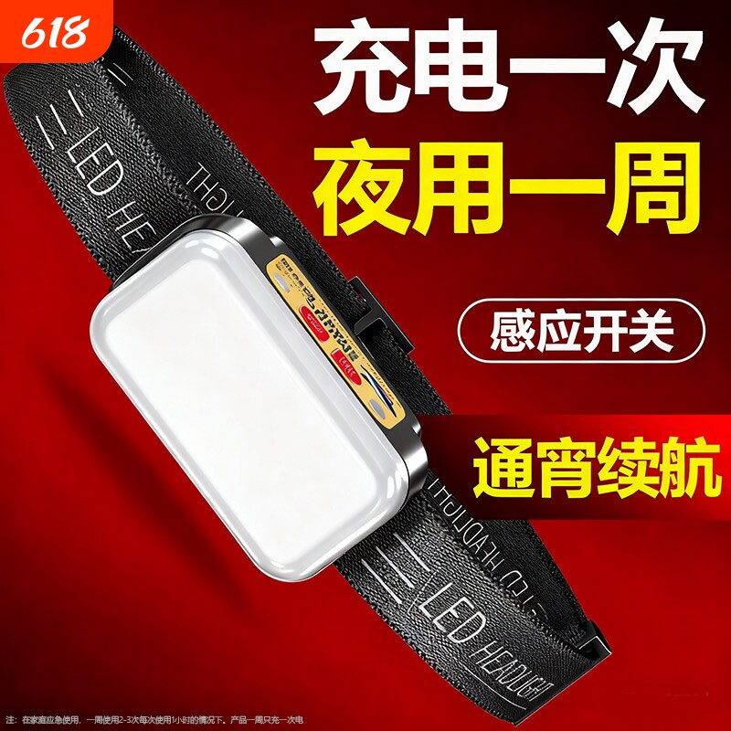 微笑鲨头戴式强光头灯感应超亮户外登山钓鱼led户外照明超长续航