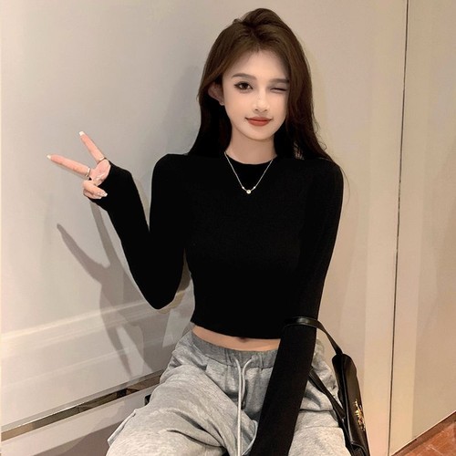 纯棉黑色半高领打底衫女内搭2025新款春秋短款紧身长袖薄款上衣潮