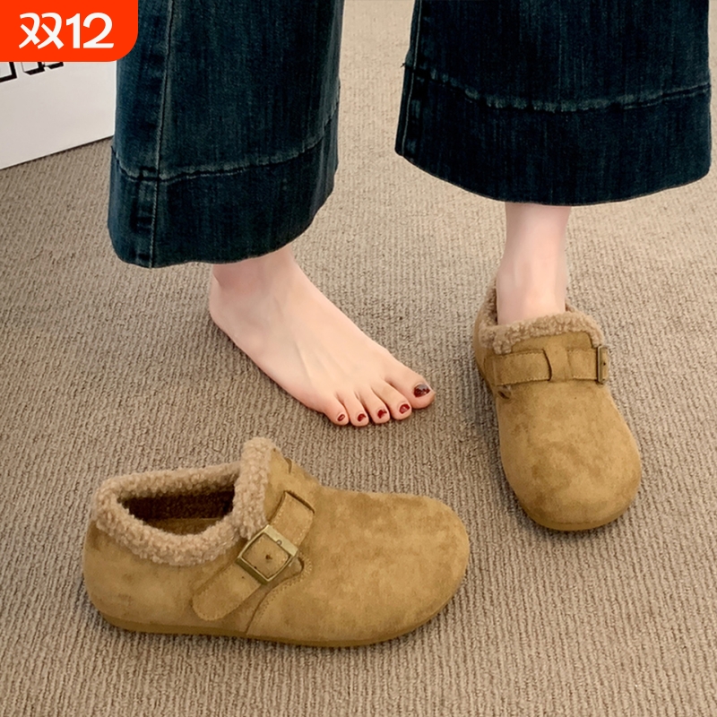 加绒勃肯鞋女2025新款秋冬季豆豆乐福鞋子毛毛棉鞋保暖低帮雪地靴