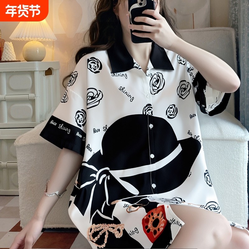 法式轻奢冰雪丝短袖睡裙夏天薄款宽松显瘦衬衫领可外穿家居服套装