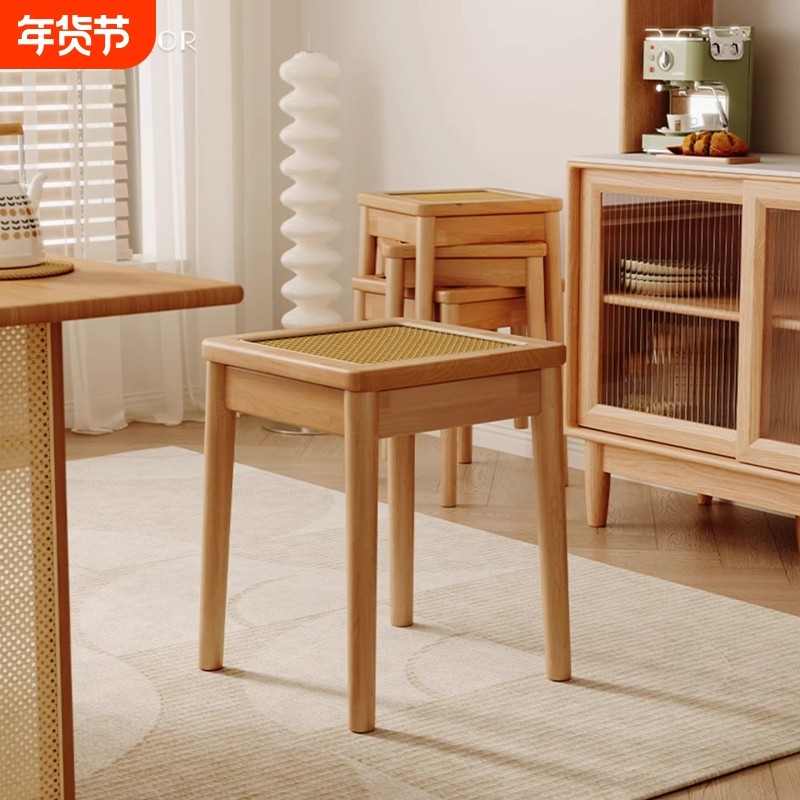 中古家用实木藤编凳子可叠放高脚凳客人备用凳四方凳圆凳简约餐椅,住宅家具,餐椅,淘宝优惠券,粉丝福利购,淘宝优惠卷