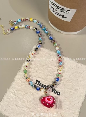 宋妍霏同款卡通可爱彩色串珠项链红色爱心复古琉璃吊坠锁骨链颈链