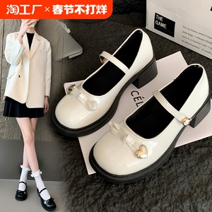 法式蝴蝶结玛丽珍小皮鞋女2025年春季新款白色配裙子浅口高跟单鞋