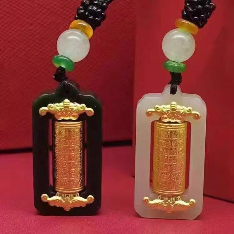 金镶玉和田玉足金百福转运筒吊坠男女情侣款挂件保险会销礼品f24