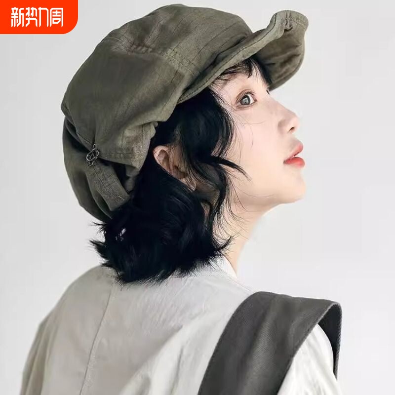 日系文艺复古报童画家帽子女大头围显脸小贝雷帽春秋款云朵八角帽