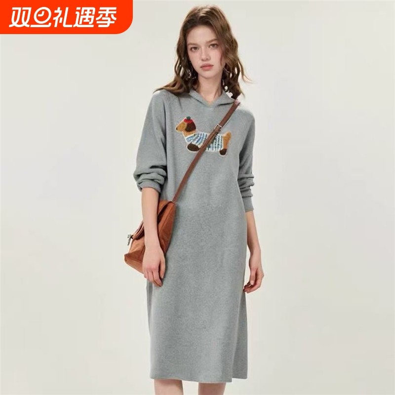 孕妇装秋冬新款休闲通勤风纯棉连帽卫衣裙宽松慵懒风中长款过膝裙