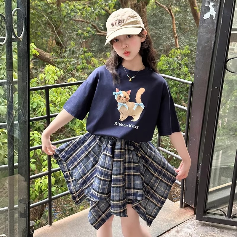 女童夏季套装2025新款儿童洋气夏季大童短袖t恤格子裙裤两件套潮