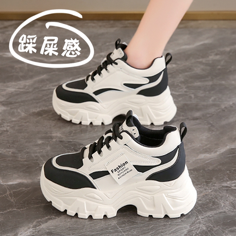 啄木鸟女鞋2025新款秋季厚底内增高老爹鞋皮面运动鞋小个子显高百