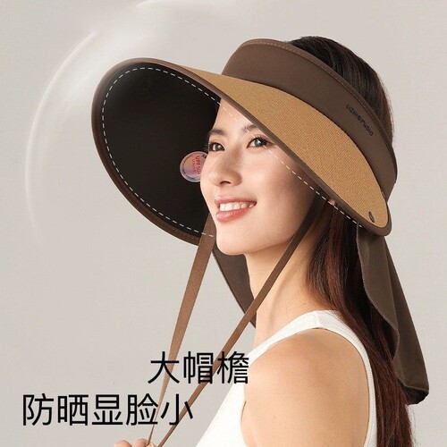 防晒空顶帽加大帽檐女草编遮阳帽骑车出行太阳帽披肩系带 - 封面