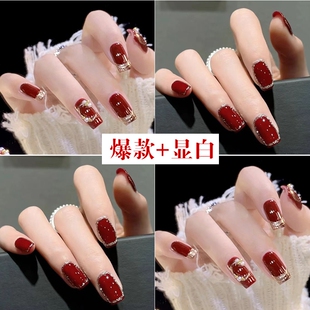酒红显白美甲穿戴贴片假指甲甲片中长款秋冬酒红色新年法式格纹