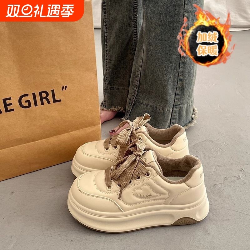 韩版厚底圆头面包鞋女2026新款冬季加绒保暖松糕底休闲百搭板鞋子