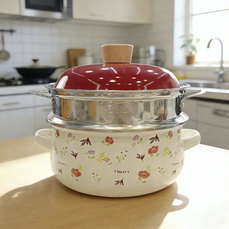 珐琅搪瓷早餐蒸锅20cm双耳汤锅2.5L家用带盖炖锅小火锅