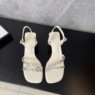 粗跟水钻方头一字带露趾中跟气质高跟鞋 凉鞋 外穿时尚 2025新款 夏季