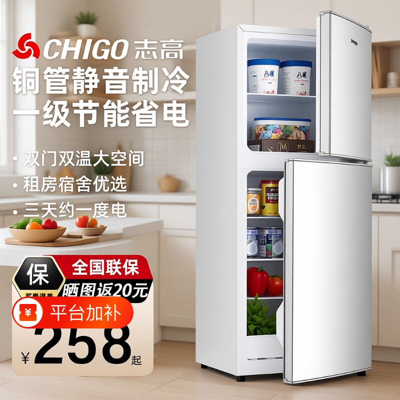 志高一级能效家用小冰箱小型宿舍租房用迷你省电办公室双门电冰箱