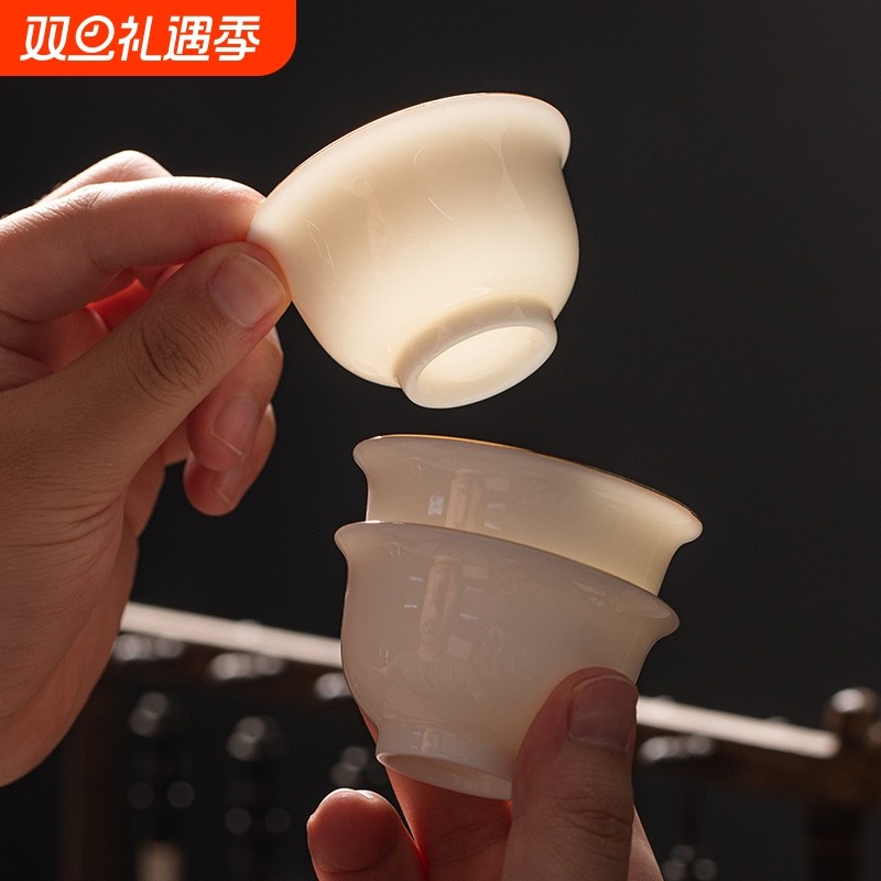 功夫茶杯6羊脂玉杯子陶瓷主人杯品茗杯茶具茶杯套装家用白瓷单杯