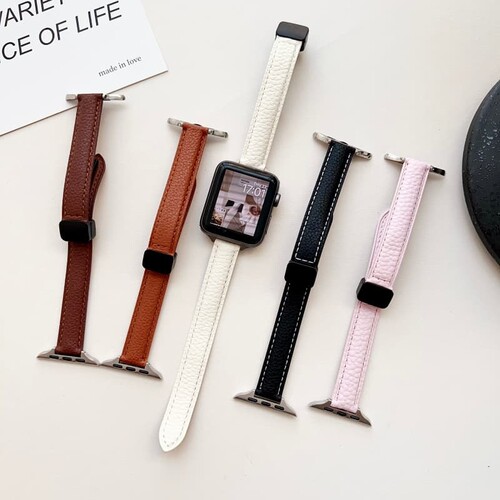 适用苹果iwatchS11/S10荔枝纹手表带SE/UItra3/2/1小蛮腰9/8/7荔枝纹磁吸扣手表带简约时尚女