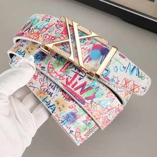 皮带男潮流学生真皮百搭卡槽涂鸦自动扣混的人腰带牛仔裤网红同款