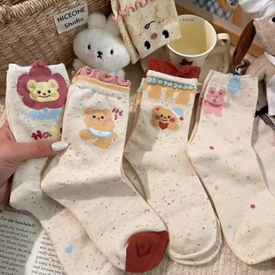 夏季 白色可爱卡通长袜 花边女生袜子女中筒袜纯棉ins潮春新款 薄款