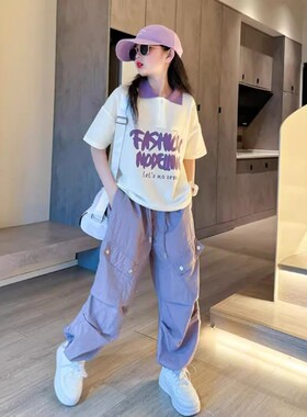 女童夏装工装运动套装新款中大童拼色翻领POLO衫哈伦裤两件套A113