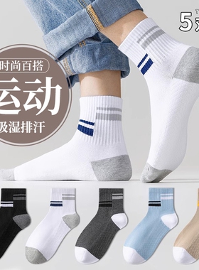 袜子男款夏季纯棉防臭短袜春季青少年运动棉袜吸汗透气白色中筒袜