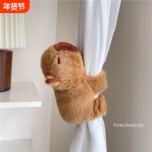 可爱卡皮巴拉啪啪圈窗帘绑带密码锁防撞装饰玩偶儿童房纱帘收纳