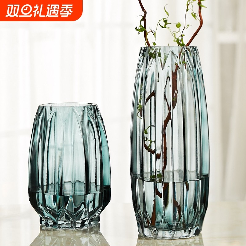简约竖棱玻璃花瓶创意彩色透明百合花器客厅大号水养插花摆件台面