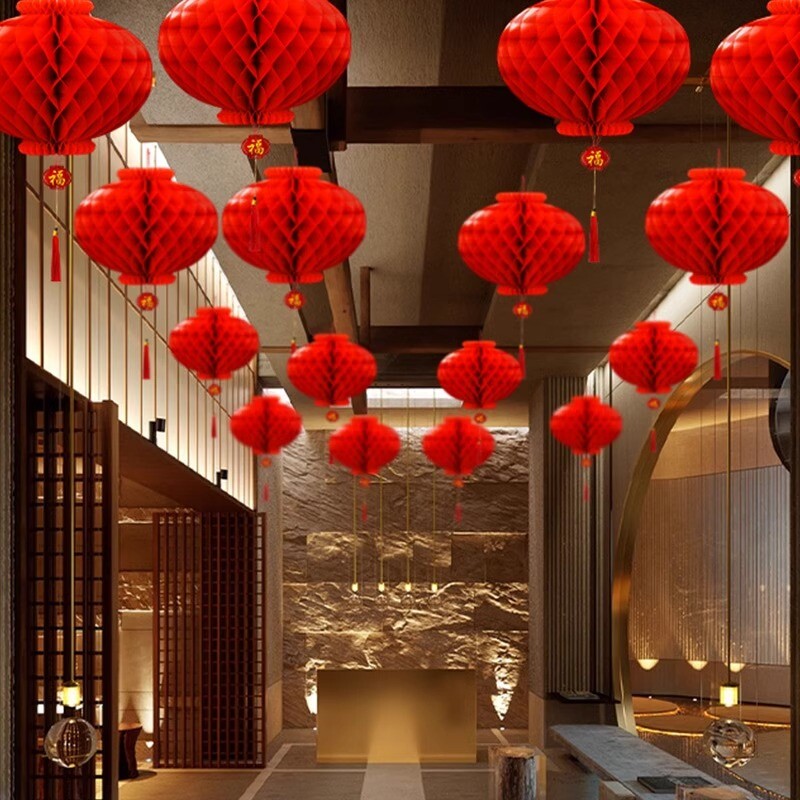 过年2026新款纸灯笼喜庆装饰元旦小灯笼红色树上新年福字挂饰氛围