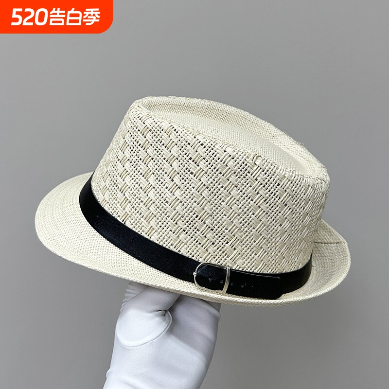 春夏草帽海边度假凉帽短檐遮阳帽扣爵士帽子洋气男