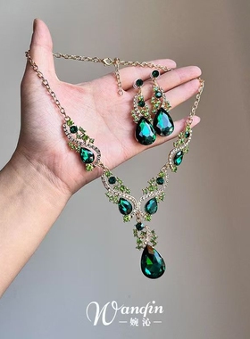 「春藤」宫廷风爆闪绿色水滴吊坠项链法式复古精致华丽重工锁骨链