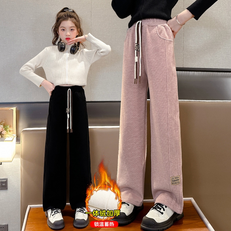 女童加绒裤子秋冬2025新款儿童加厚一体绒休闲长裤女孩冬季阔腿裤