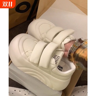 松糕圆头鞋 白色运动鞋 魔术贴丑萌板鞋 增高厚底小白鞋 女2025春秋季