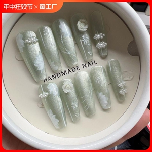 清新立体茶花手工穿戴甲成品甲片可拆卸超长水滴形超仙圆形椭圆形