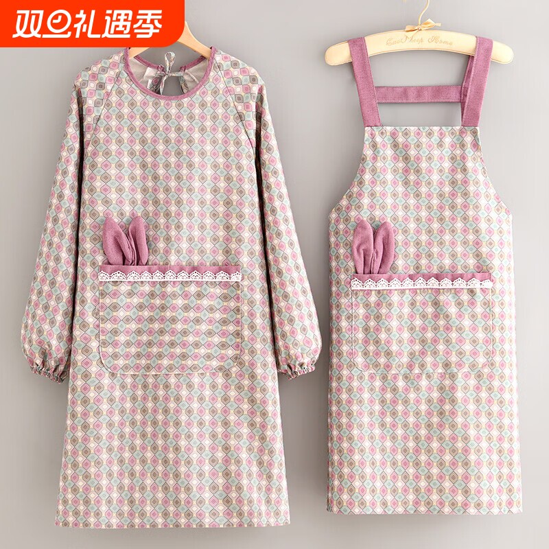 帆布耐磨罩衣围裙防污透气长袖厨房家用做饭围腰女餐饮工作服成人
