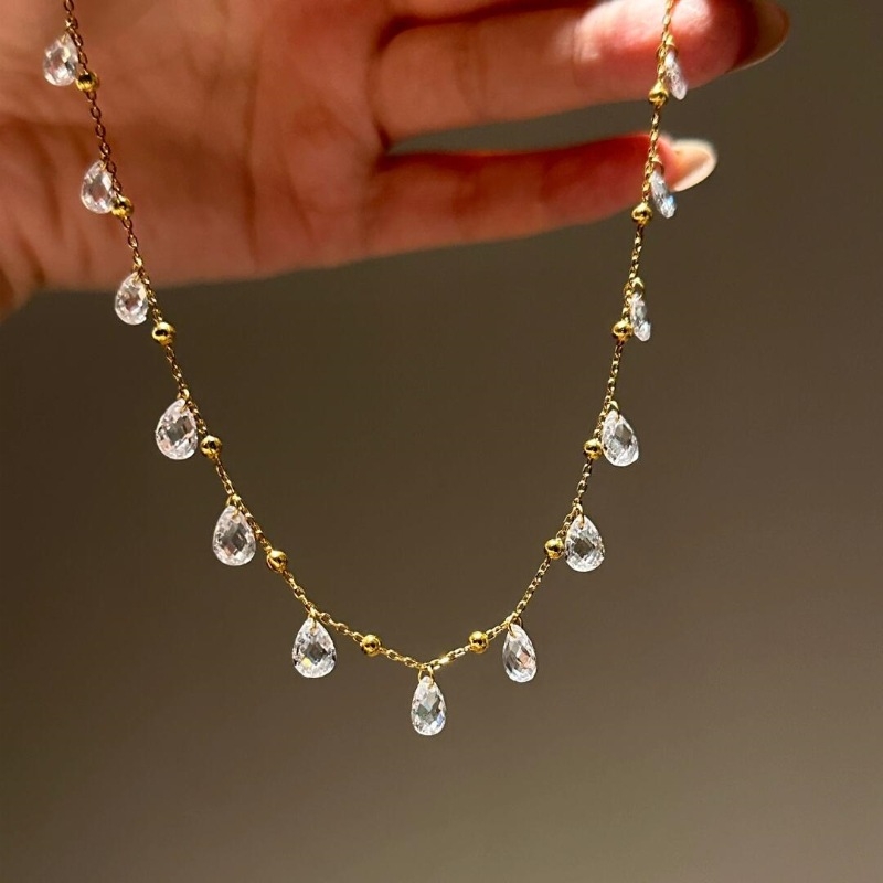 925轻奢高级感超冰透水滴钻间隔圆珠流苏项链气质百搭显白锁骨链